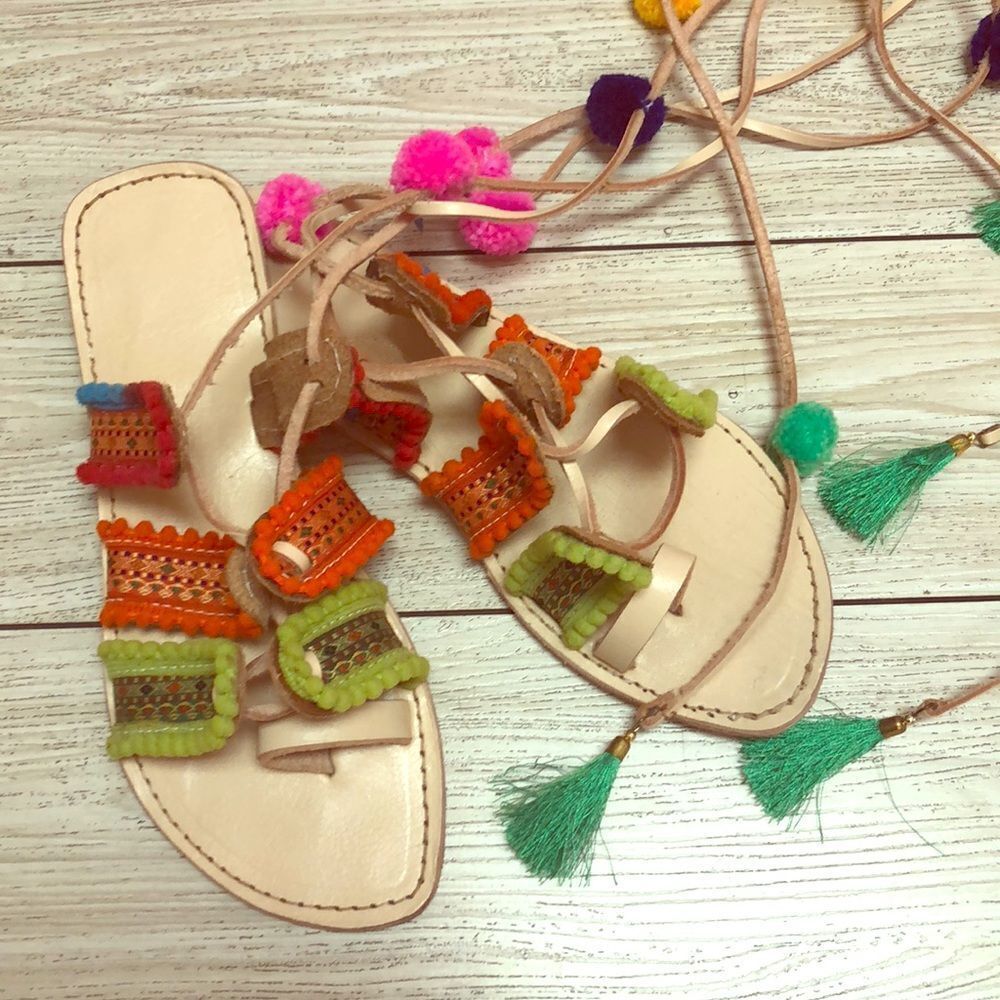 Boho genuine leather lace up Pom Pom sandals 10